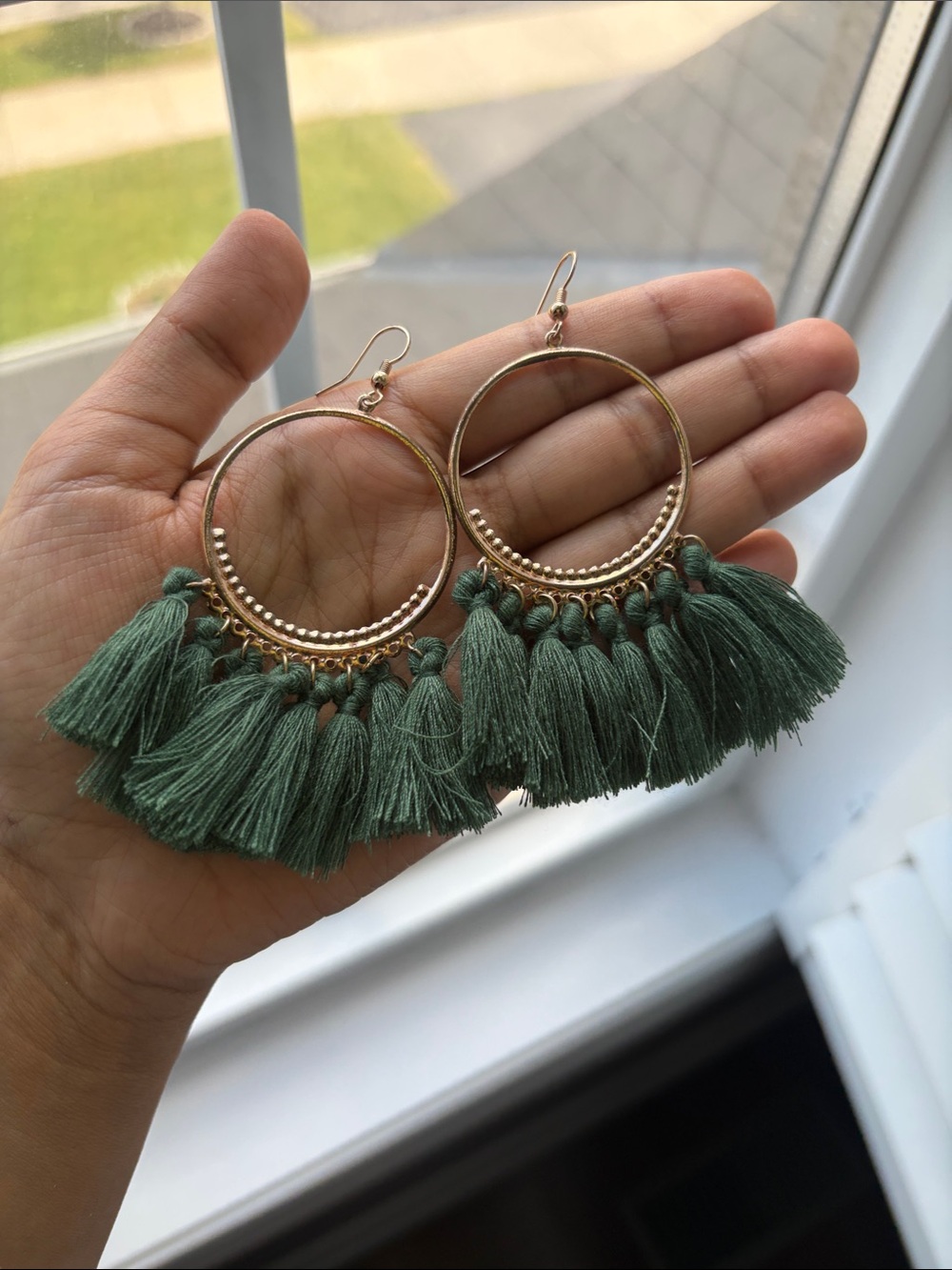 Gold-Tone Hoop Earrings with Dark Green Tassels